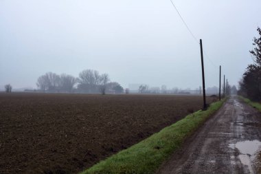 Dirt road with puddles bordered by a field and trees by the edge of a railroad track on an embankment on a cloudy day in the italian countryside