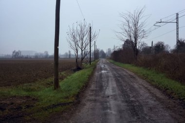 Dirt road with puddles bordered by a field and trees by the edge of a railroad track on an embankment on a cloudy day in the italian countryside