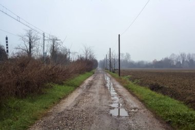 Dirt road with puddles bordered by a field and trees by the edge of a railroad track on an embankment on a cloudy day in the italian countryside