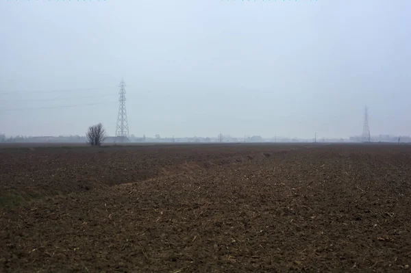Irrigation channel with bare trees by it between cultivated fields on a misty day in the italian countryside in winter