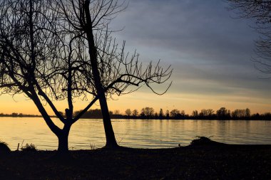 Lake at sunset seen from the shore with silhouette of trees framing it