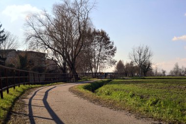 Paved trail bordered by bare trees next to a stream of water and a group of houses on a sunny day in the italian countryside