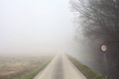 Country road bordered by a stream of water and a field on a foggy day in winter