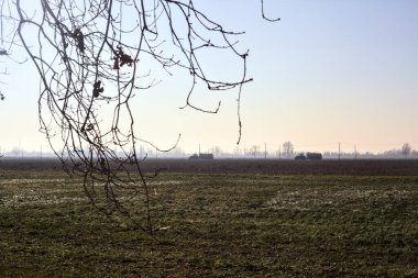 Tractors with tanks on a country road between fields on a sunny day in winter