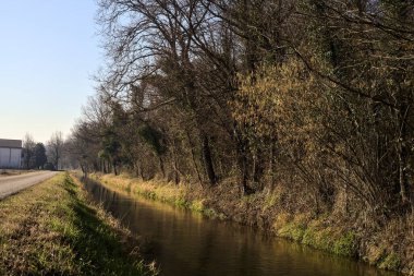 Road and a stream of water next to a forest and a field in the italian countryside in winter