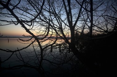 Lake at sunset with trees and the sky casted in the water