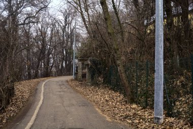 Bulutlu bir günde evin giriş kapısı olan bir dağdaki parkta yol.