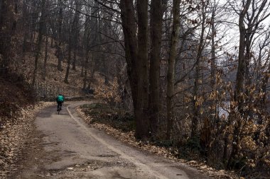 Bisikletli, dolambaçlı bir yolda, bir ormanda, bulutlu bir günde bir dağda.