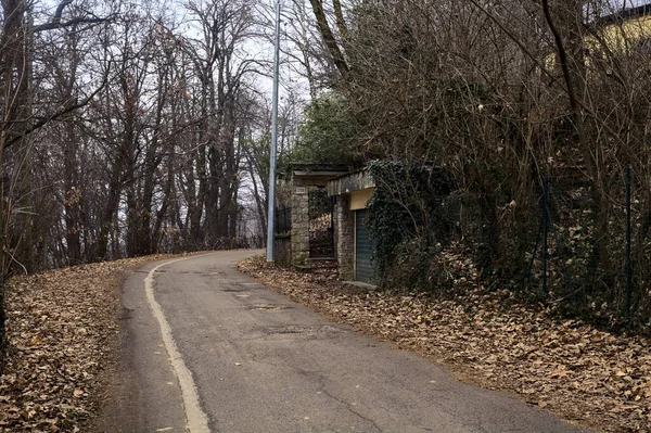 曇りの日に家の入り口の門がある山の公園内の道路 — ストック写真