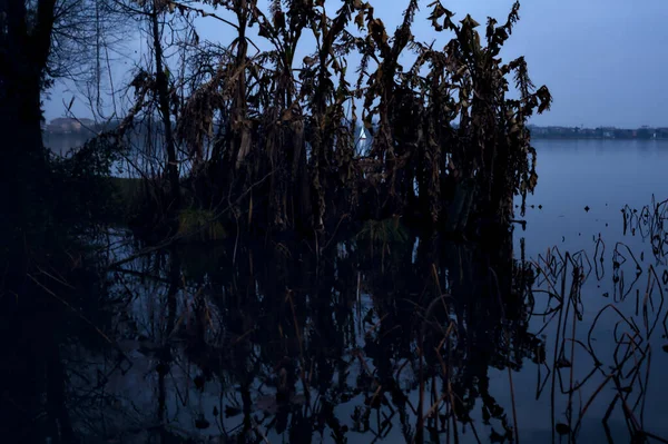 曇った日の日没時の湖と木々に囲まれた帆船 — ストック写真
