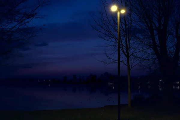Alacakaranlıkta Göl Kıyısındaki Bir Parkta Sokak Lambası — Stok fotoğraf