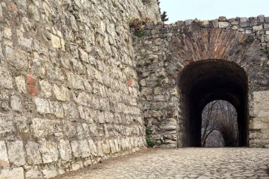 Bulutlu bir günde parktaki bir kalenin gizli geçidine giriş.