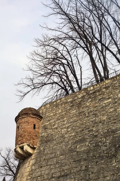 Outer boundary wall of a castle with trees and a cloudy sky as background