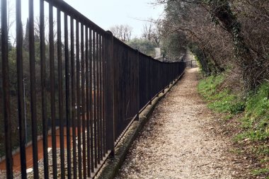 Arka planda tepeler olan bir parkta tırabzanla çevrili bir sonraki bitkinin yolu dardır.