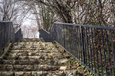 Bulutlu bir günde parktaki parmaklıklı merdiven.