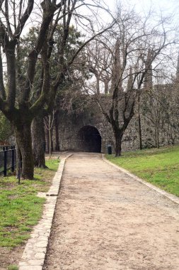 Bulutlu bir günde çimlerin ve ağaçların yanındaki çakıl yolu.