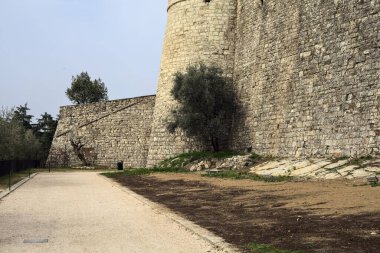 Bulutlu bir günde, bir kulenin yanında çakıl yolu ve yanında zeytin ağacı olan bir sınır duvarı.