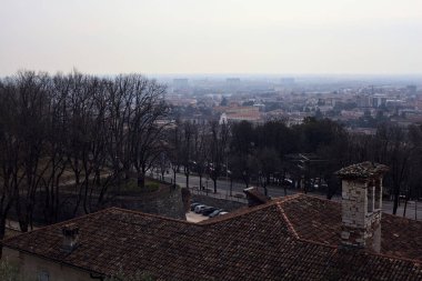 Ufuk çizgisine kadar uzanan şehir bulutlu bir günde ağaçlar ve çatılar tarafından çerçevelenmiş.