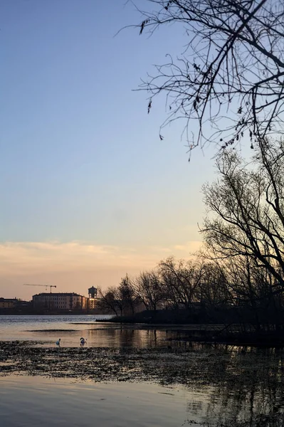 stock image Skyline of a town seen from the distance over a lake at sunset framed by trees