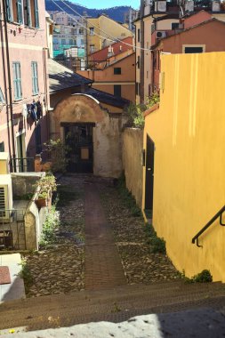 Güneşli bir günde, deniz kenarında bir tepede patika bir sokak.