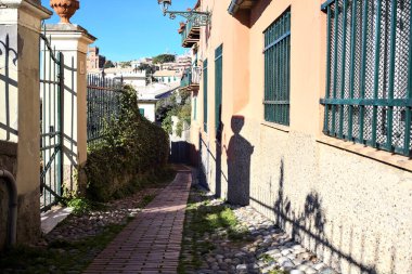 Güneşli bir günde, deniz kenarında bir tepede patika bir sokak.