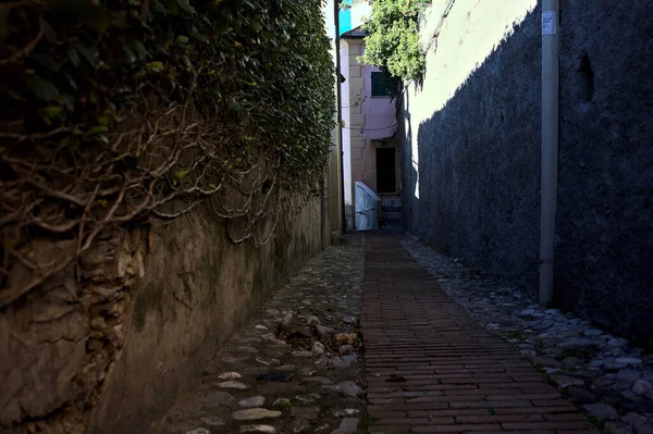 阳光明媚的海边 一座小山上的小镇上 有一条鹅卵石小巷 — 图库照片