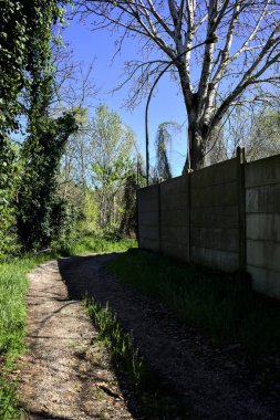 Yol, güneşli bir günde, bir ormandaki endüstriyel kompleksin beton bir sınır duvarıyla sınırlıydı.