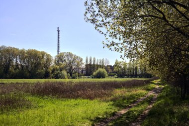Bir ormandaki çayır ve baharda İtalya kırsalında güneşli bir günde ağaçların arkasına gizlenmiş endüstriyel bir kompleks.