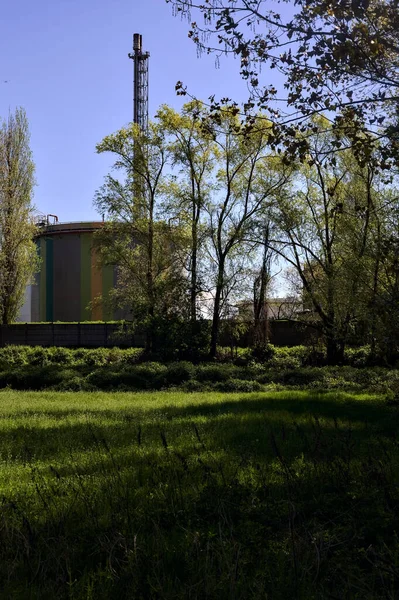 Meadow in a forest and an industrial complex hidden behind trees on a sunny day in the italian countryside in spring