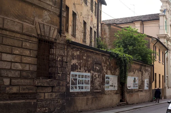意大利城镇街道上一座废弃建筑的立面 上面有一座爬行的工厂 — 图库照片