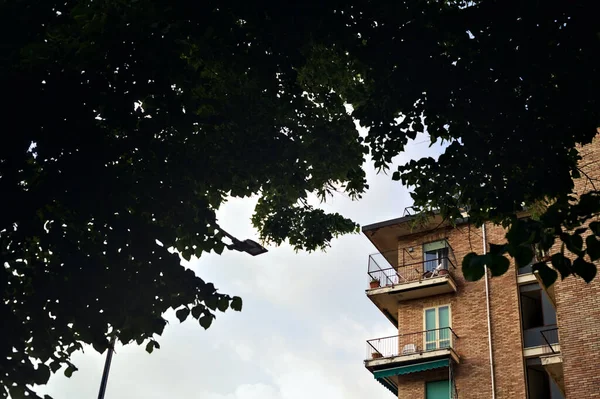 Фасад Крыша Здания Рядом Деревьями Фоне Облачного Неба Заката — стоковое фото