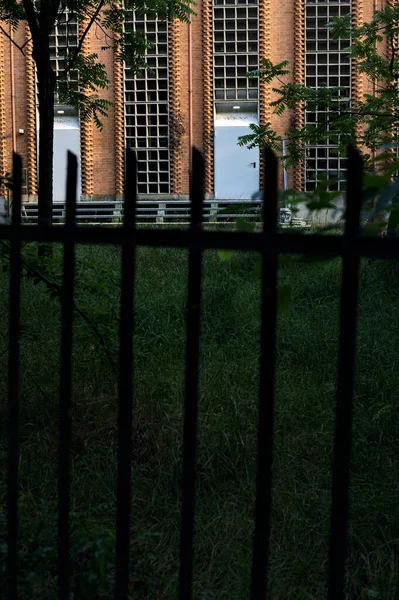 Двери Задней Части Склада Парке Видны Забором Обрамлены Деревьями — стоковое фото