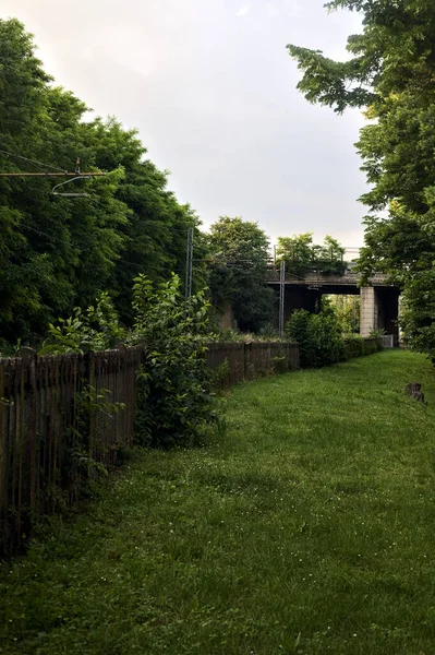 Spoorweg Een Park Dat Bij Zonsondergang Onder Een Betonnen Brug — Stockfoto