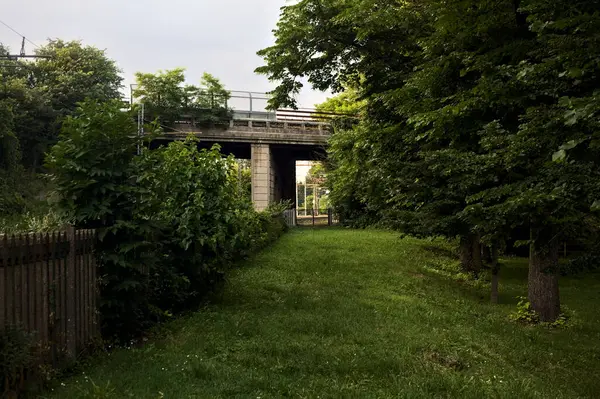 Ferrocarril Parque Que Pasa Por Debajo Puente Hormigón Una Ciudad — Foto de Stock