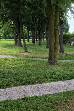 Gün batımında ağaçlarla ve çitlerle çevrili.