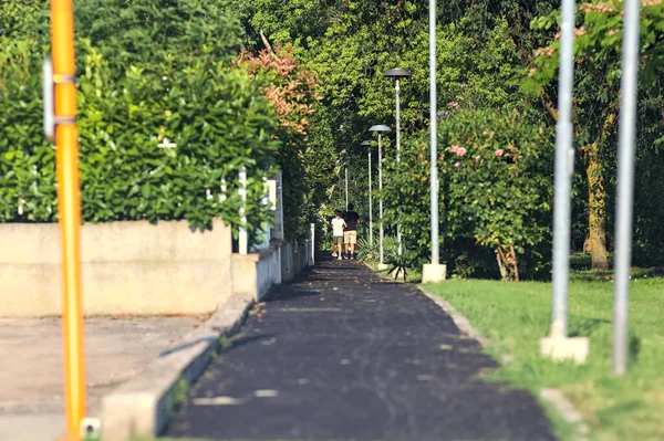 Emberek Sétálnak Egy Kövezett Úton Egy Házcsoport Mellett Egy Parkban — Stock Fotó