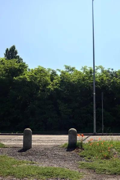 Yaya geçidi ve yazın güneşli bir günde bir köy yolunun kenarında iki beton direk.