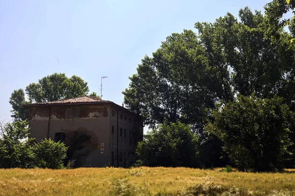 Casa Abandonada Com Árvores Campo Trigo Dia Ensolarado Campo Italiano — Fotografia de Stock