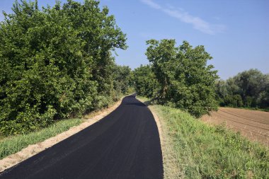 Bir yaz günü, İtalya 'nın kırsal kesimindeki setin tepesindeki ağaçlarla çevrili dar bir yol.