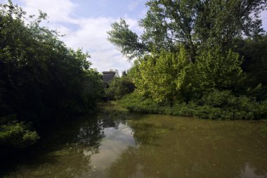 Ağaçlı bir gölet ve karşı kıyısında eski bir baraj. İtalya 'nın kırsal kesiminde bir yaz günü.
