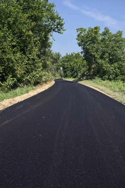 stock image Paved narrow road bordered by trees on the top of an embankment in the italian countryside on a summer day