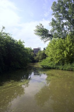 Ağaçlı bir gölet ve karşı kıyısında eski bir baraj. İtalya 'nın kırsal kesiminde bir yaz günü.