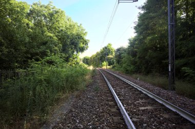 Gün batımında İtalya 'da ağaçlarla çevrili başlıklı demiryolu.