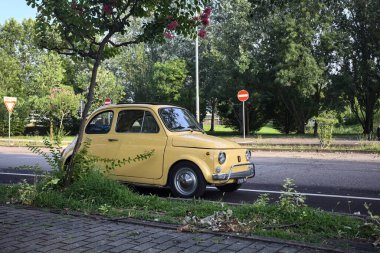 1957 Fiat 500, gün batımında bir parkın yanındaki yolun kenarına park edilmiş.