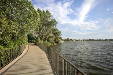 Bulutlu ve rüzgarlı bir günde gölün üzerinde ağaçlarla çevrili bir köprü.