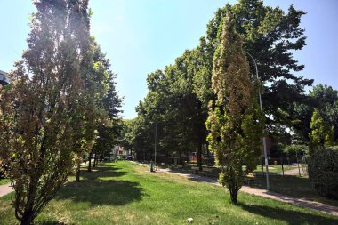 Güneşli bir günde, İtalya 'da bir yerleşim yerinin küçük ve boş bir parkında çakıl yolu.