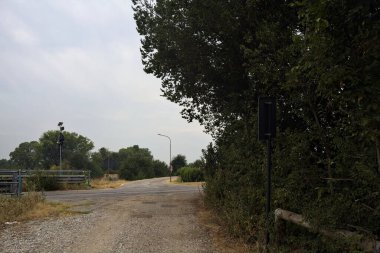 Bir köprünün yanındaki köy yolu ile bir ağacın çerçevelediği bulutlu bir günde toprak yol arasındaki kavşak.