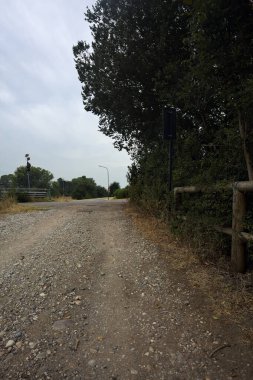 Bir köprünün yanındaki köy yolu ile bir ağacın çerçevelediği bulutlu bir günde toprak yol arasındaki kavşak.