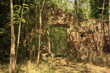 İtalya 'nın kırsalında güneşli bir günde, ormanın ortasında terk edilmiş bir kalenin tuğla duvarındaki kemer.