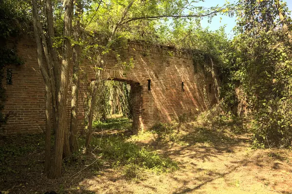 Archway Uma Parede Tijolo Uma Fortificação Abandonada Meio Uma Floresta — Fotografia de Stock